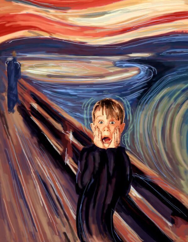 A painting of a boy screaming with his hands on his face. - The Scream