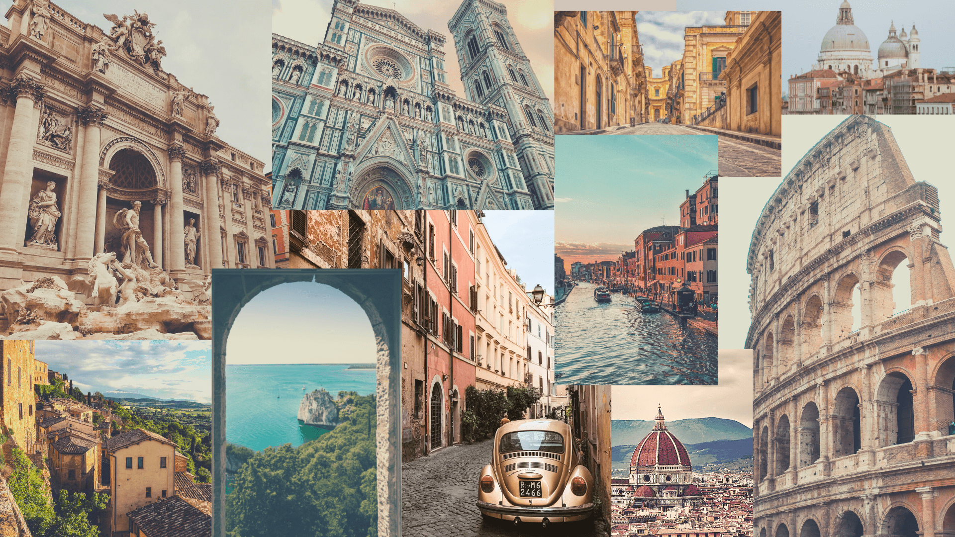 A collage of different European cities including Rome, Florence, and Venice. - Italy