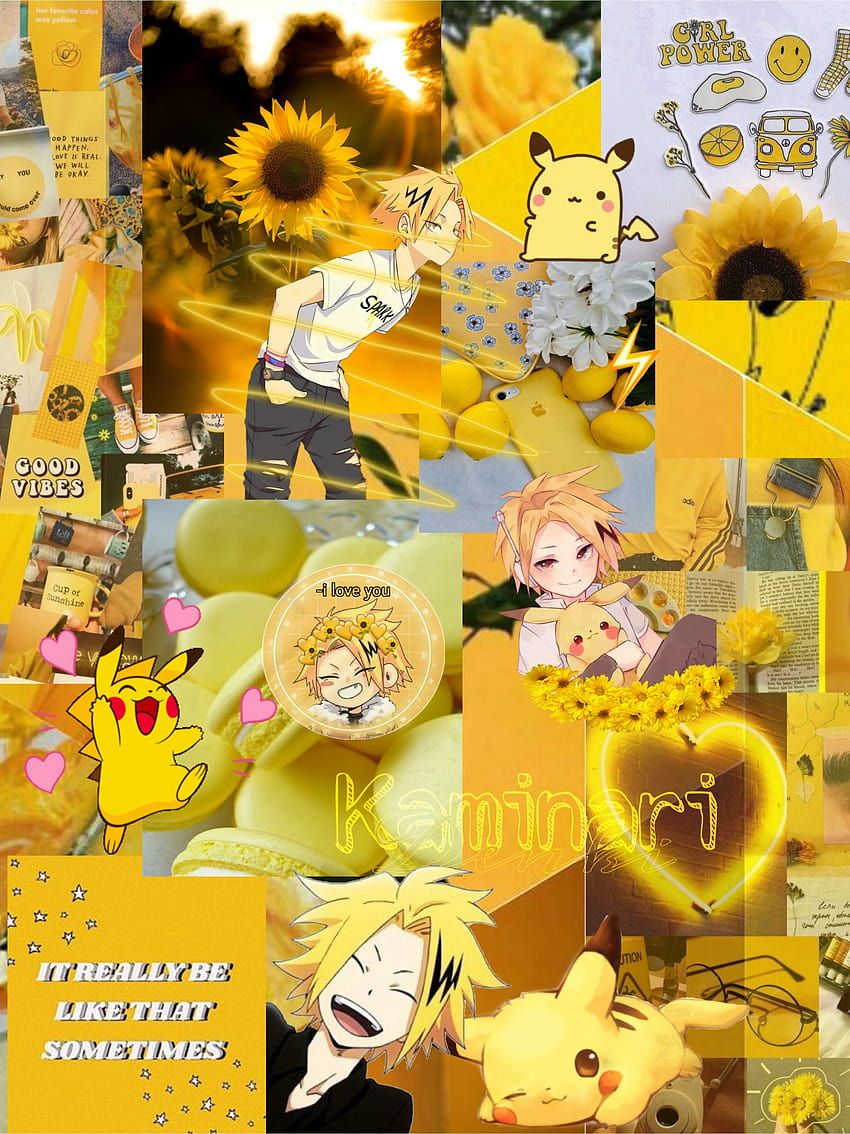 Aesthetic wallpaper of yellow with anime characters, pikachu, and sunflowers. - Denki Kaminari