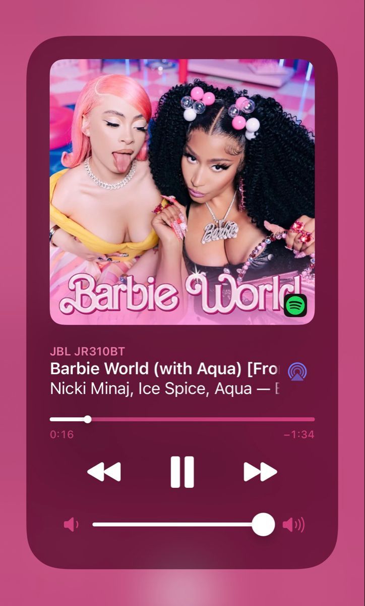 A pink Spotify player with the song Barbie World playing. - Ice Spice