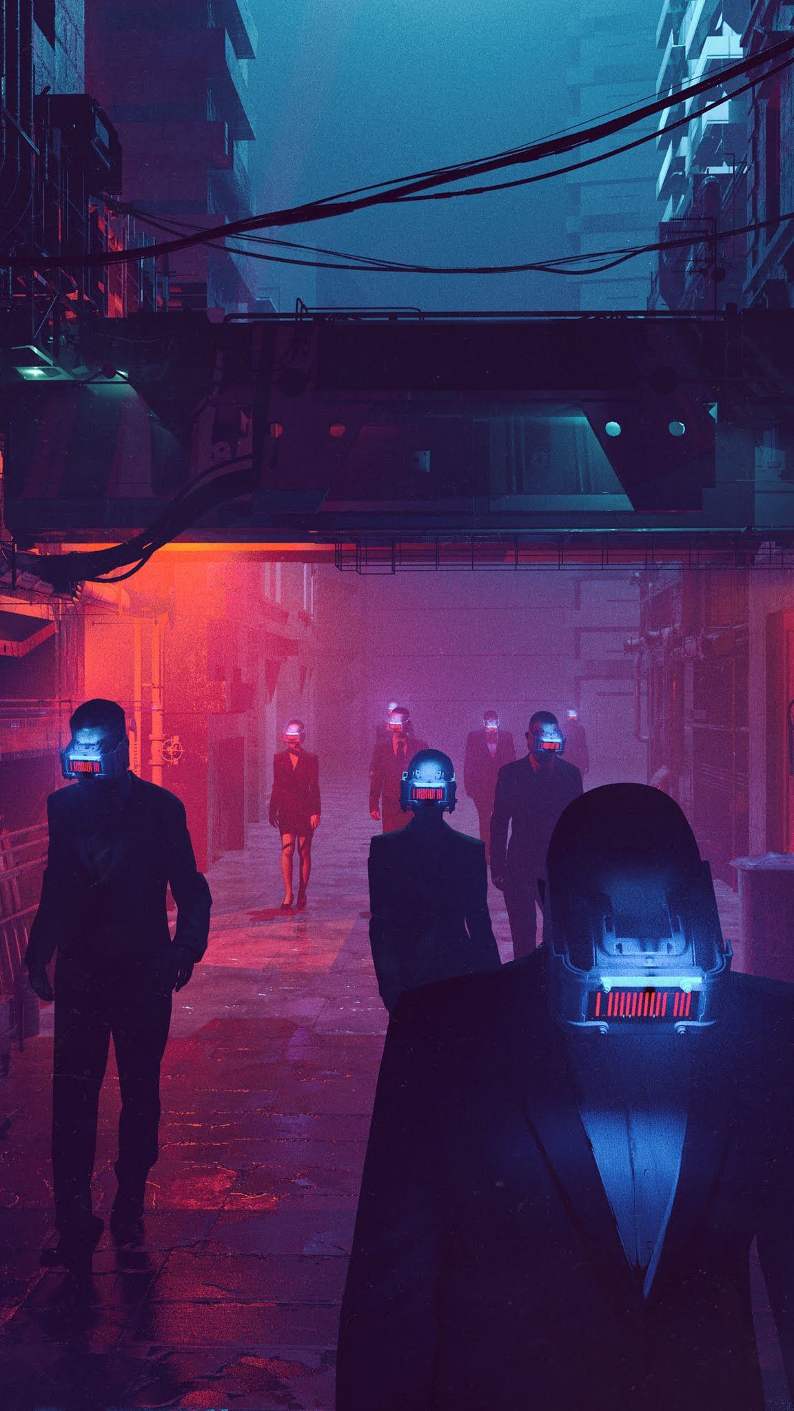 A cyberpunk-themed wallpaper with a group of people walking down a neon-lit alleyway. - Cyberpunk