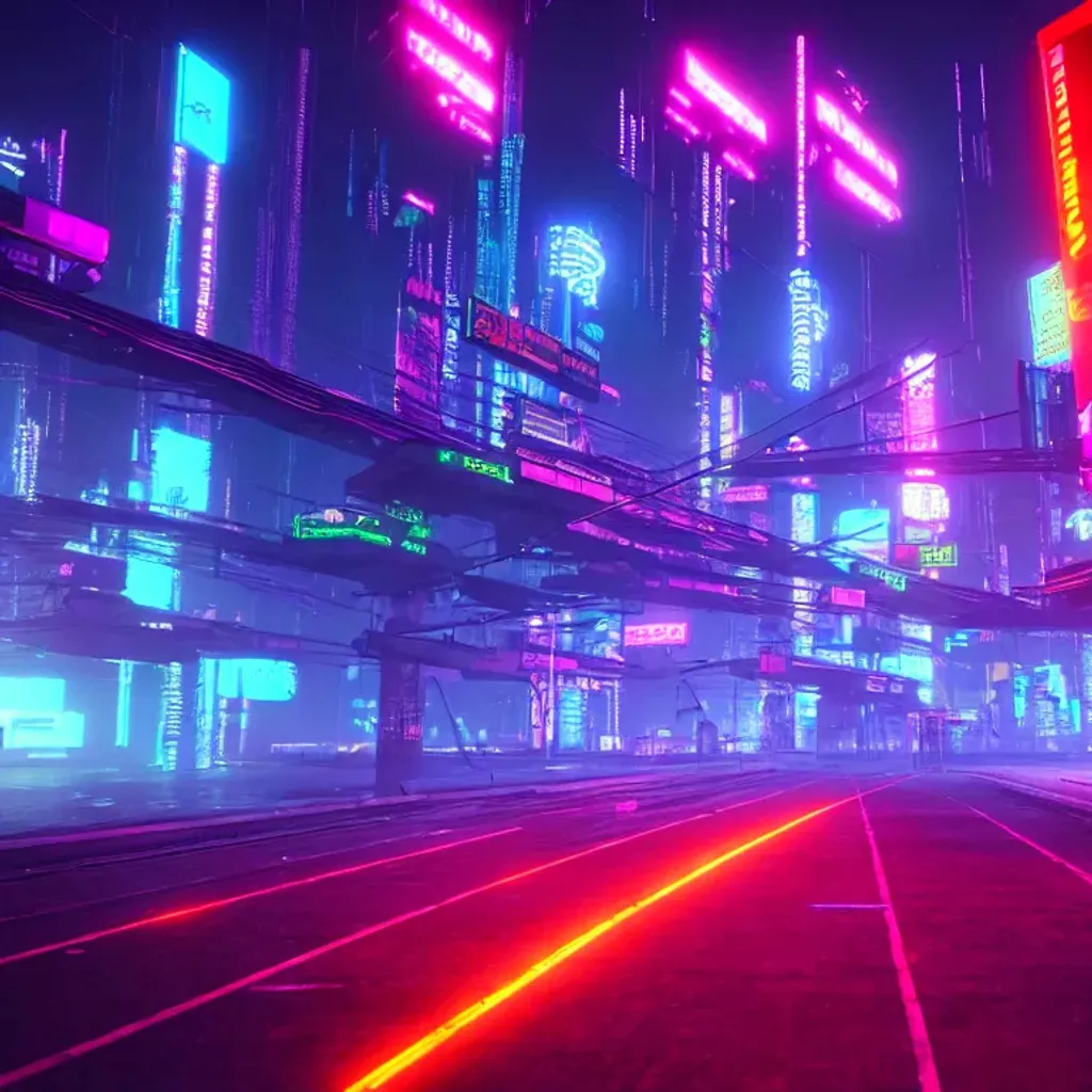 A city street at night with neon lights - Cyberpunk
