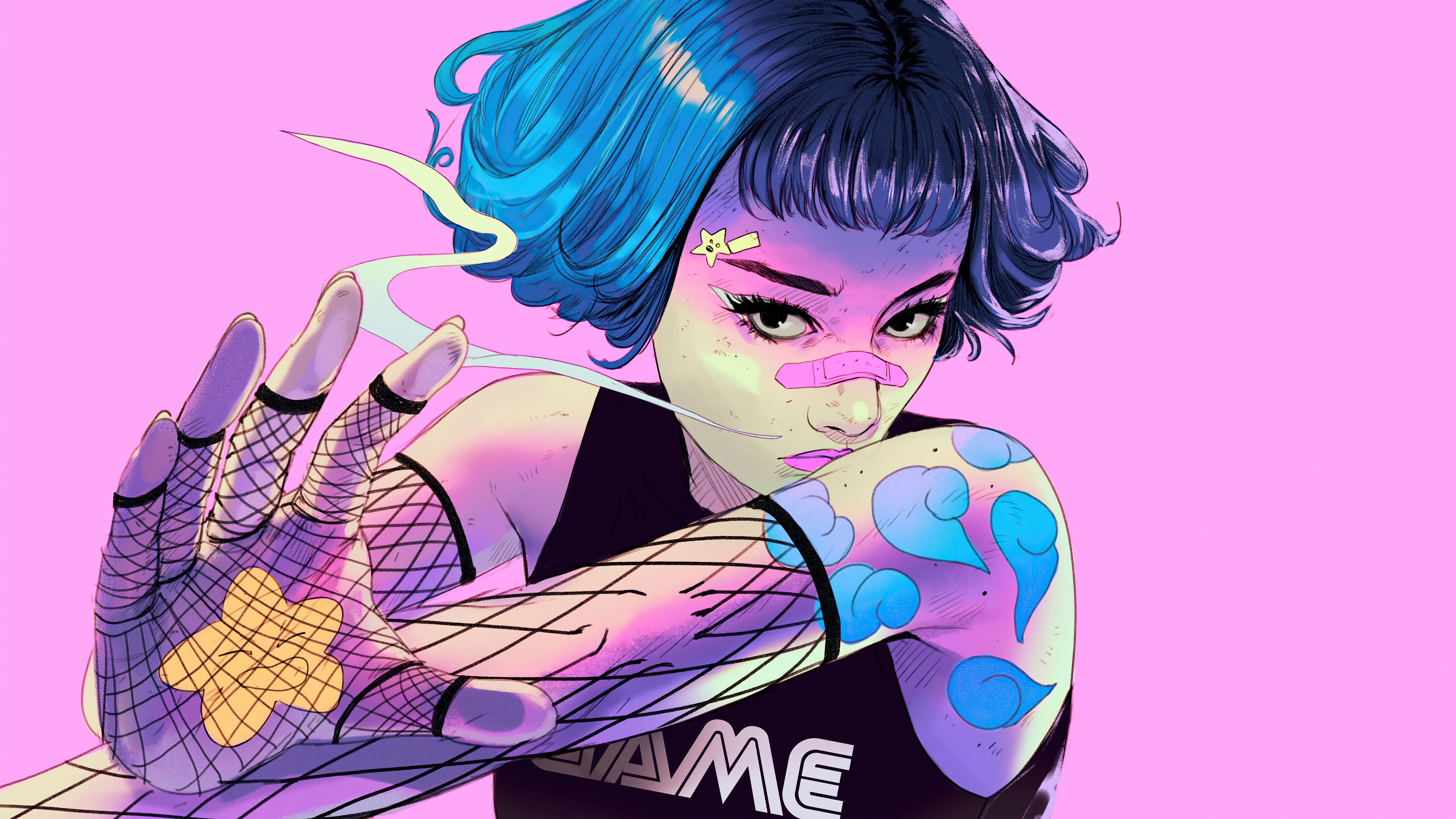 A digital illustration of a blue-haired woman with tattoos, holding a ball of blue light in her hand. - Cyberpunk