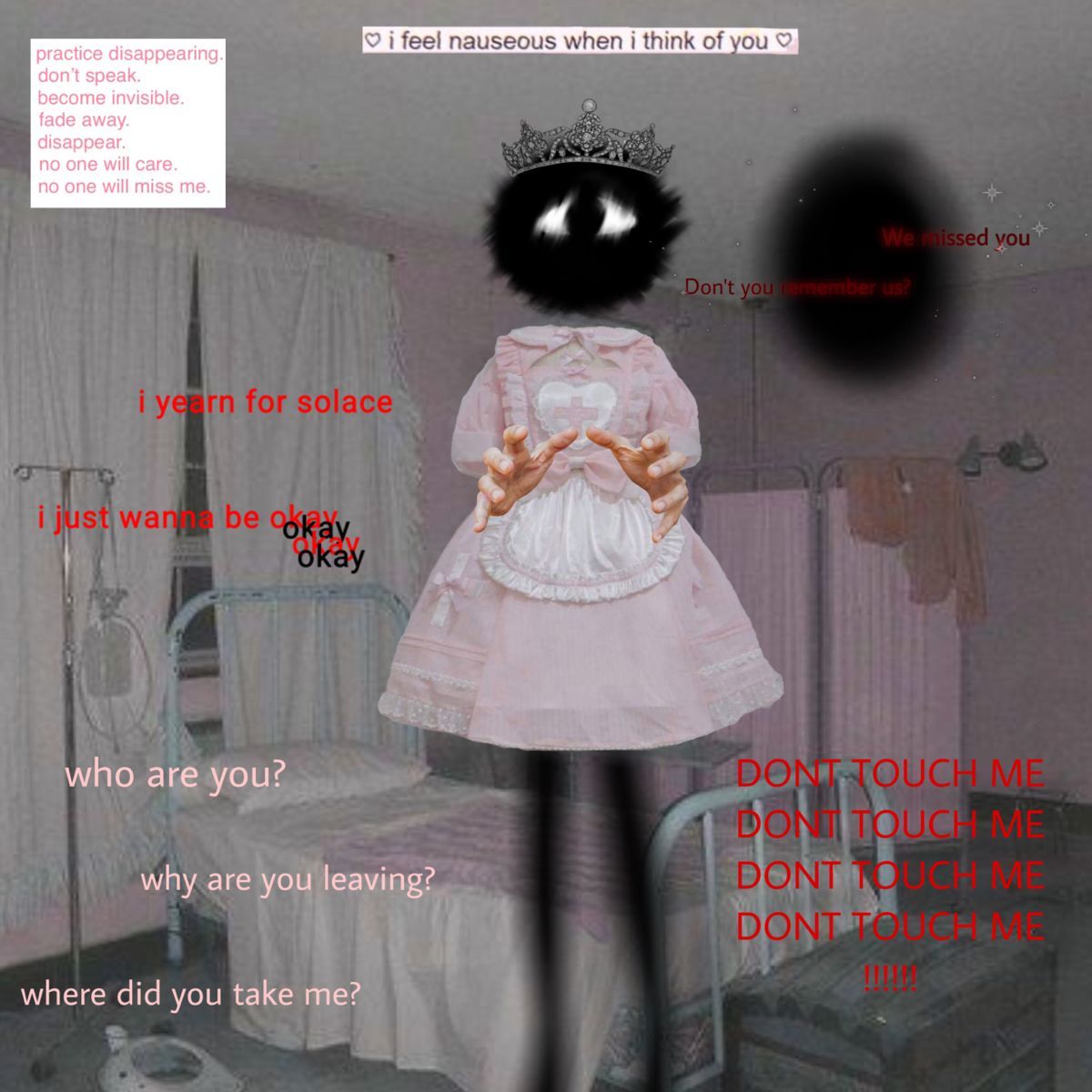 A maid doll in a pink dress, with a tiara on her head and a white apron. She is standing in a bedroom with a bed and a dresser in the background. The doll has black hair and black eyes. She is holding her hands up to her chest and looking at the viewer. - Traumacore