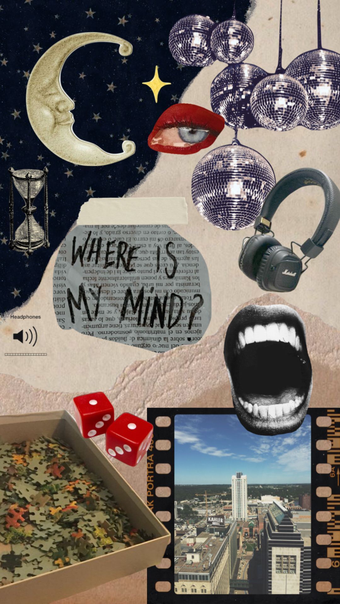A collage of images including a pair of headphones, dice, a moon, a city, and the words 