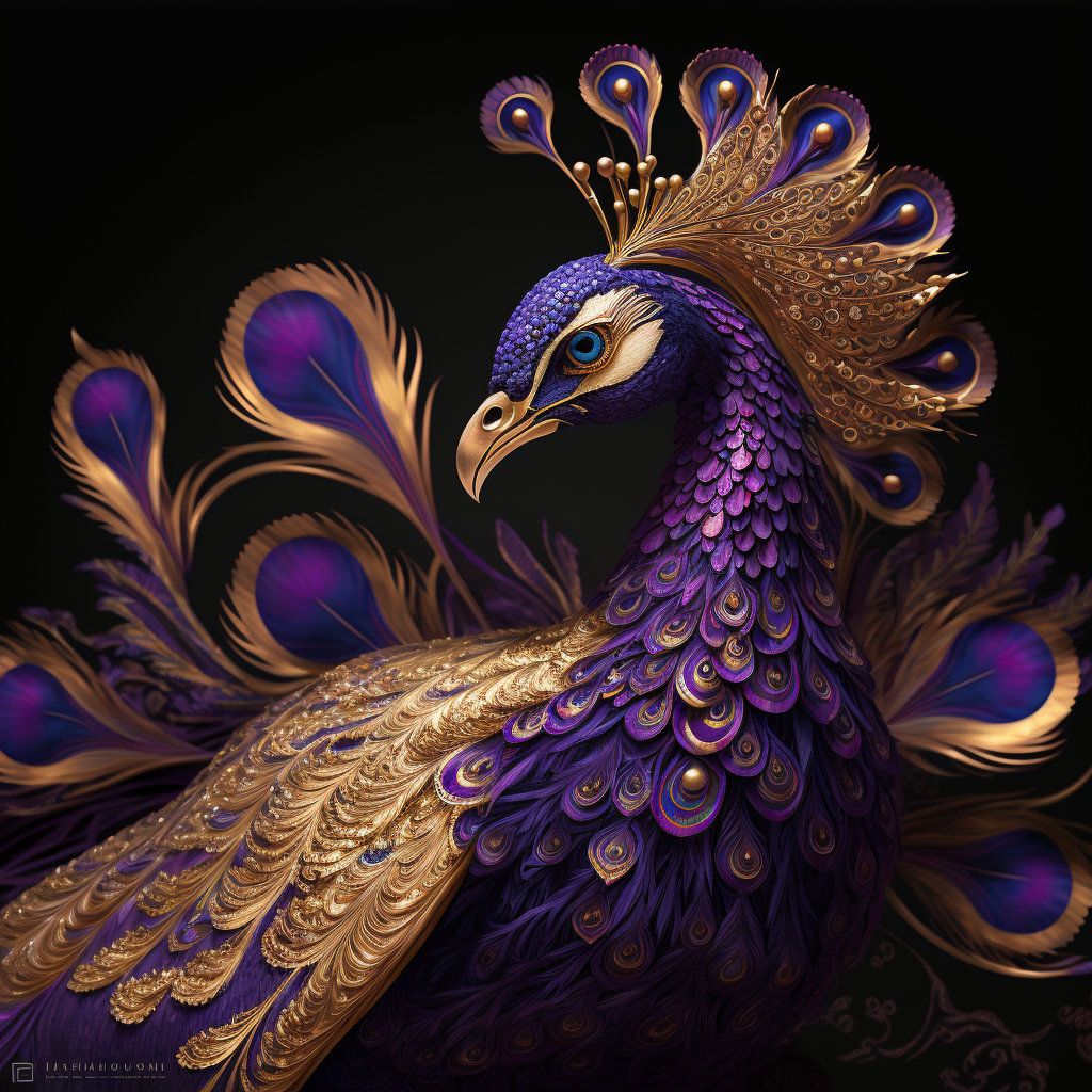 A digital painting of a purple and gold peacock with a crown. - Peacock