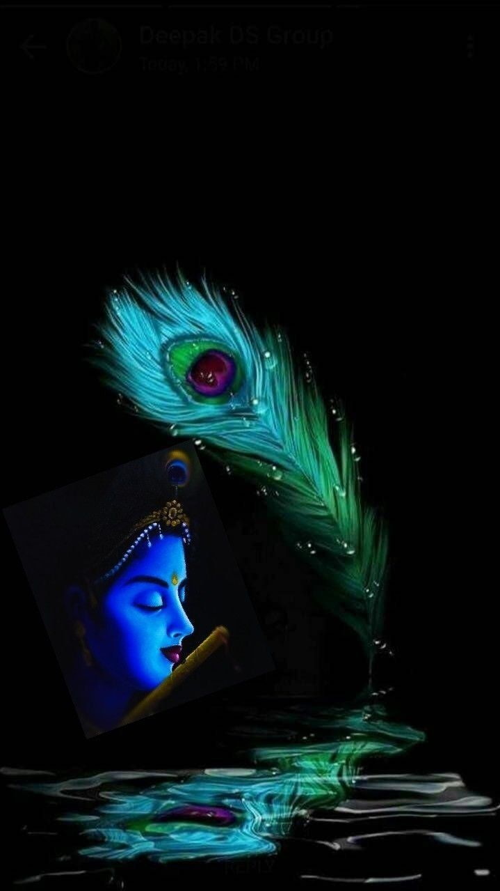 Lord krishna with blue skin, holding a flute, with a green and blue feather, on a black background, with water reflections - Peacock