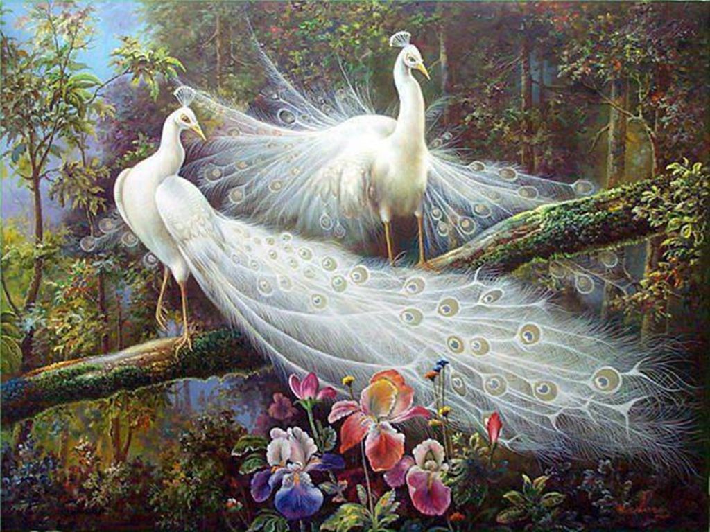 A painting of three white peacocks with their tail feathers fanned out, standing on a lush tree branch. - Peacock