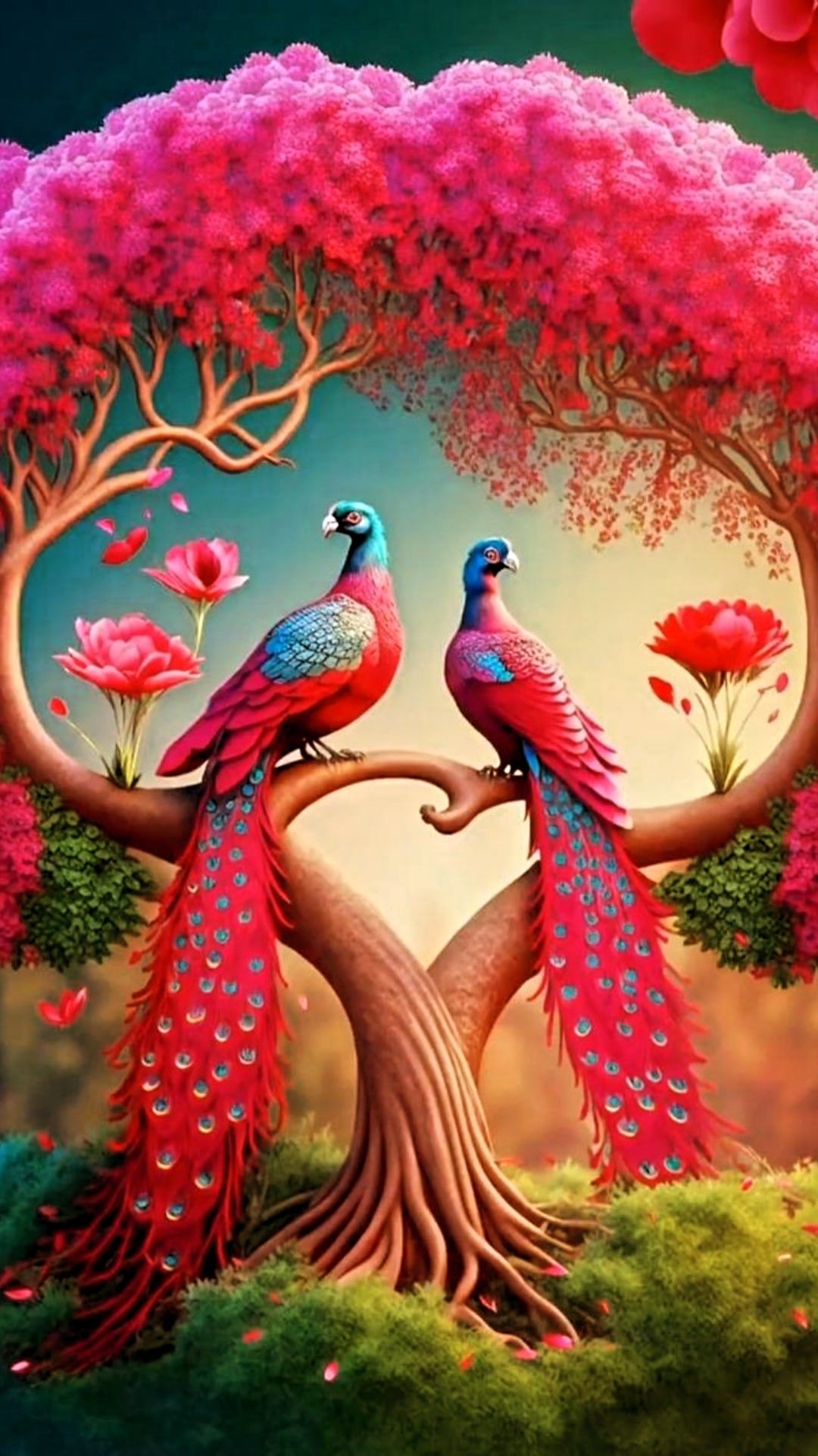 Two colorful peacocks on a tree branch wallpaper - Peacock
