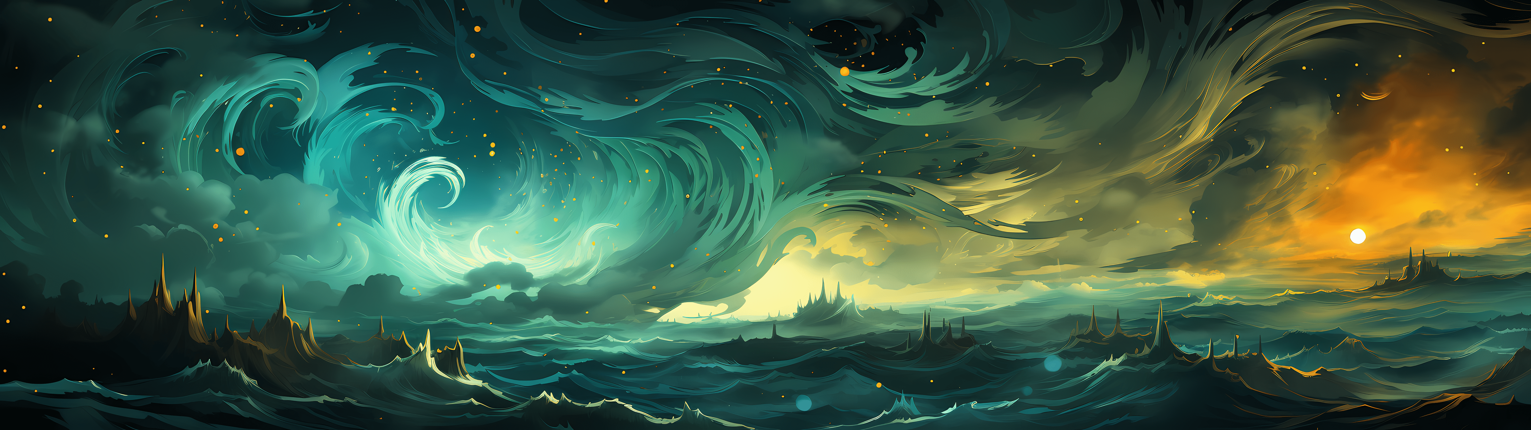 A painting of a stormy sea with ships at sea - 5120x1440