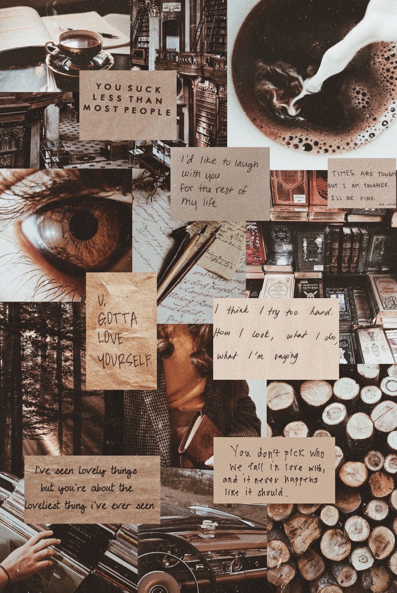 A collage of pictures with coffee and books - Light brown