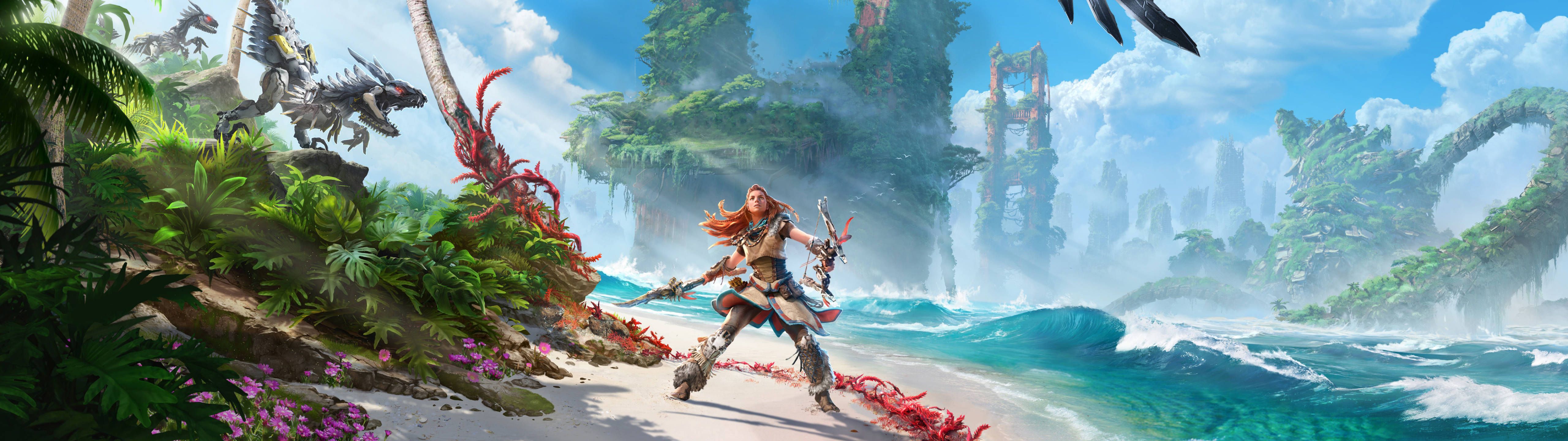 Aloy stands on a beach with her bow and quiver, looking out at the sea. Two machines are visible in the distance. - 5120x1440