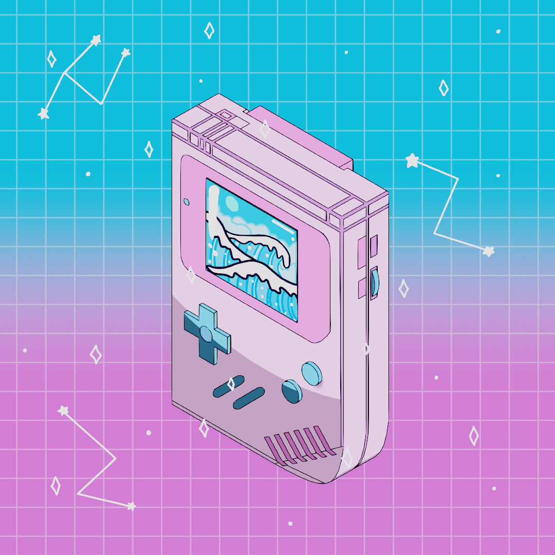 A Gameboy with a pastel color scheme and a starry background - Game Boy