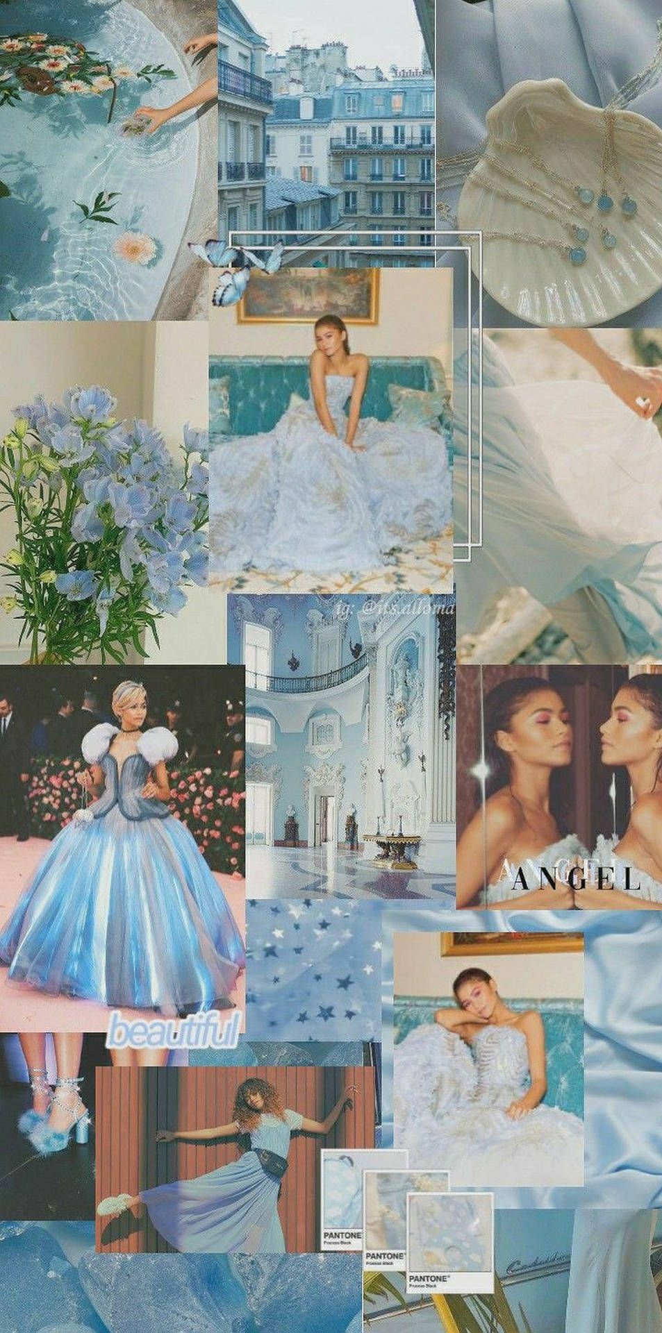 Aesthetic collage of blue and white images including<ref> a woman</ref><box>(3,505),(378,755)</box> in a ball gown, a girl with wings, and a cityscape. - Zendaya