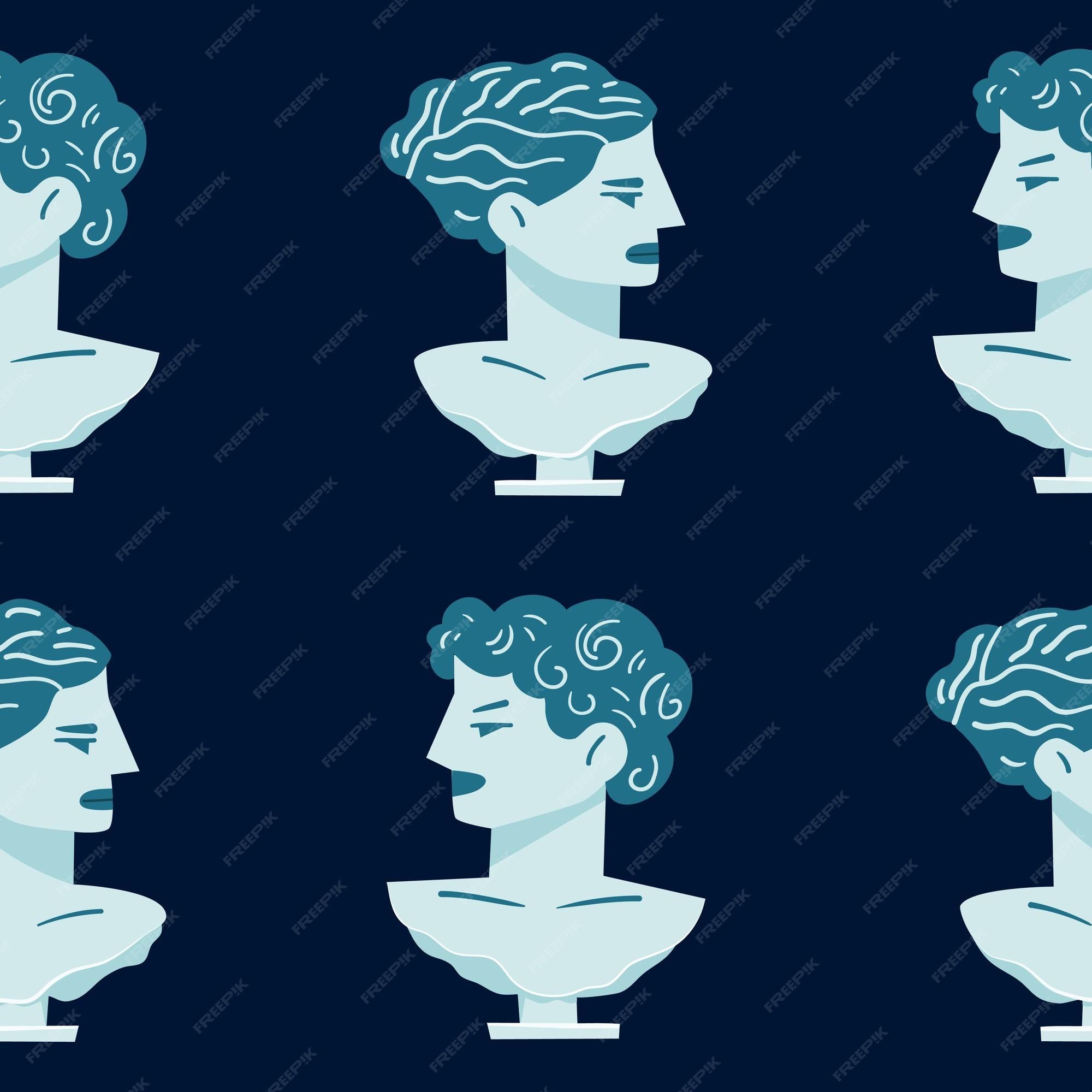 Seamless pattern with ancient Greek sculpture of a man on a dark blue background. Vector illustration - Statue