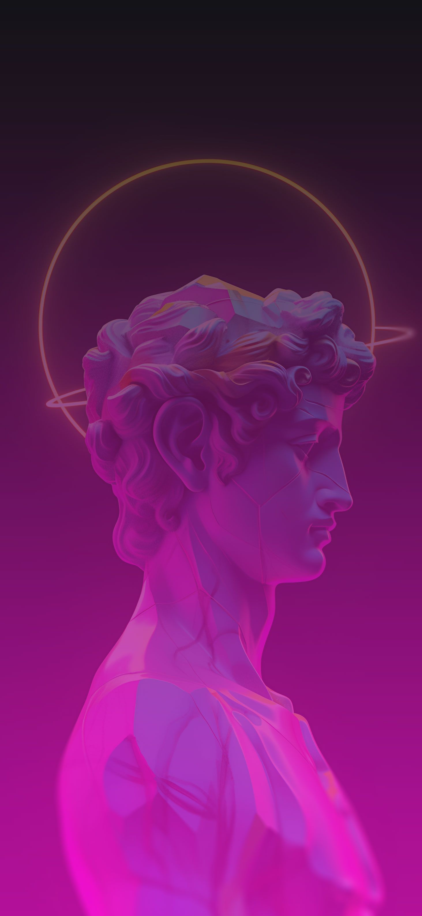 A pink and purple image of a bust of Michelangelo's David. - Statue