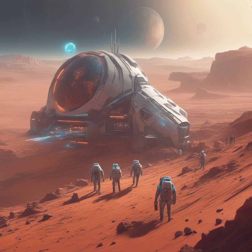 An artist's impression of a crew of astronauts walking towards a spaceship on the surface of Mars. - Mars