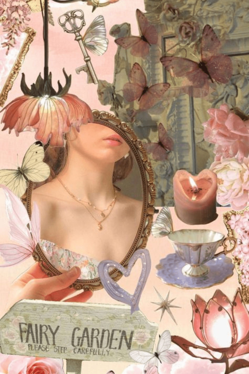 A collage of a woman looking into a mirror, surrounded by flowers, butterflies, and a tea cup. - Coquette