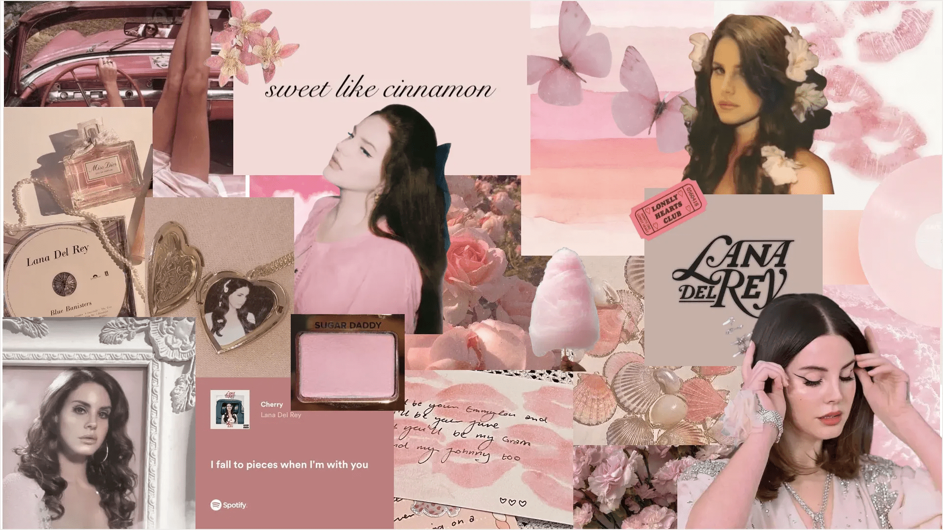 A collage of images of Lana Del Rey, butterflies, and other pink and brown images. - Lana Del Rey