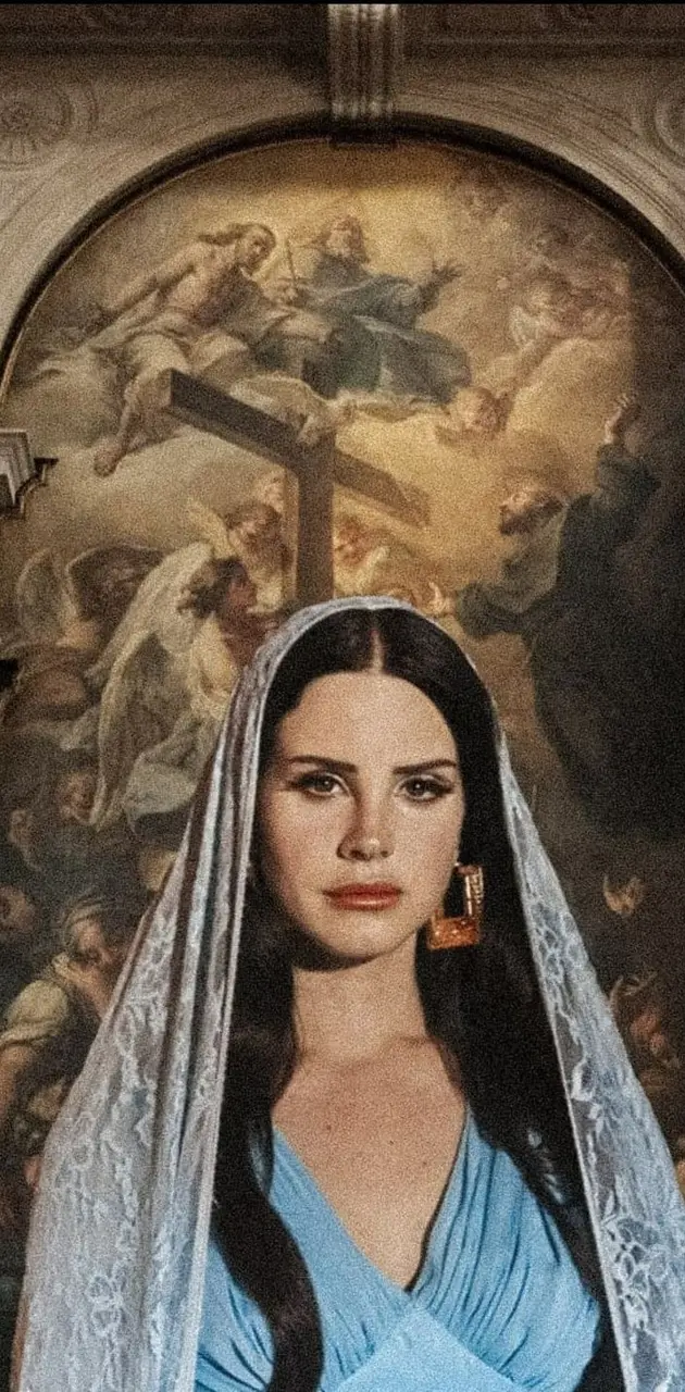 A painting of a woman with long black hair wearing a blue dress and a white veil. She is wearing red lipstick and large gold earrings. - Lana Del Rey