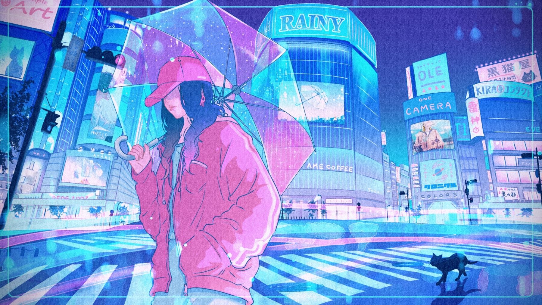 A girl with a pink umbrella walks through a rainy city at night. - Rain
