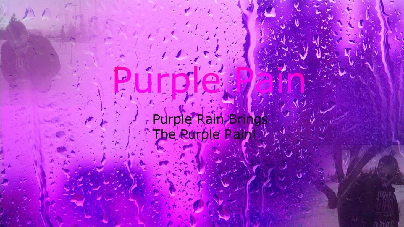 A purple and pink image of rain on a window with the words 