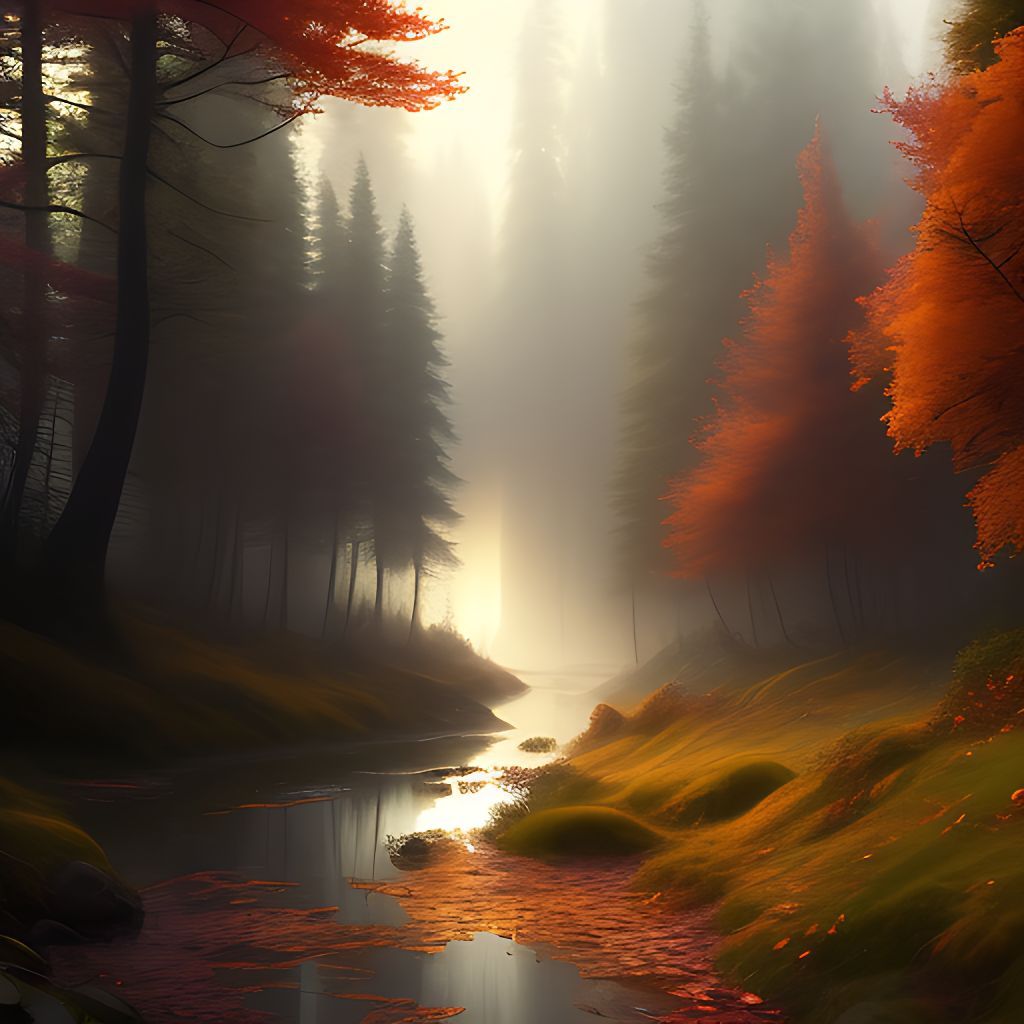 A misty forest with a stream running through it, the trees are starting to turn orange for the fall season. - Outdoors