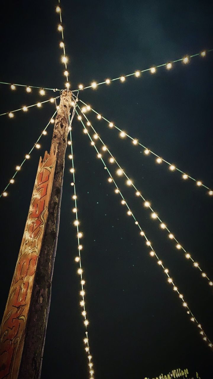 A totem pole with string lights strung across it at night. - Fairy lights