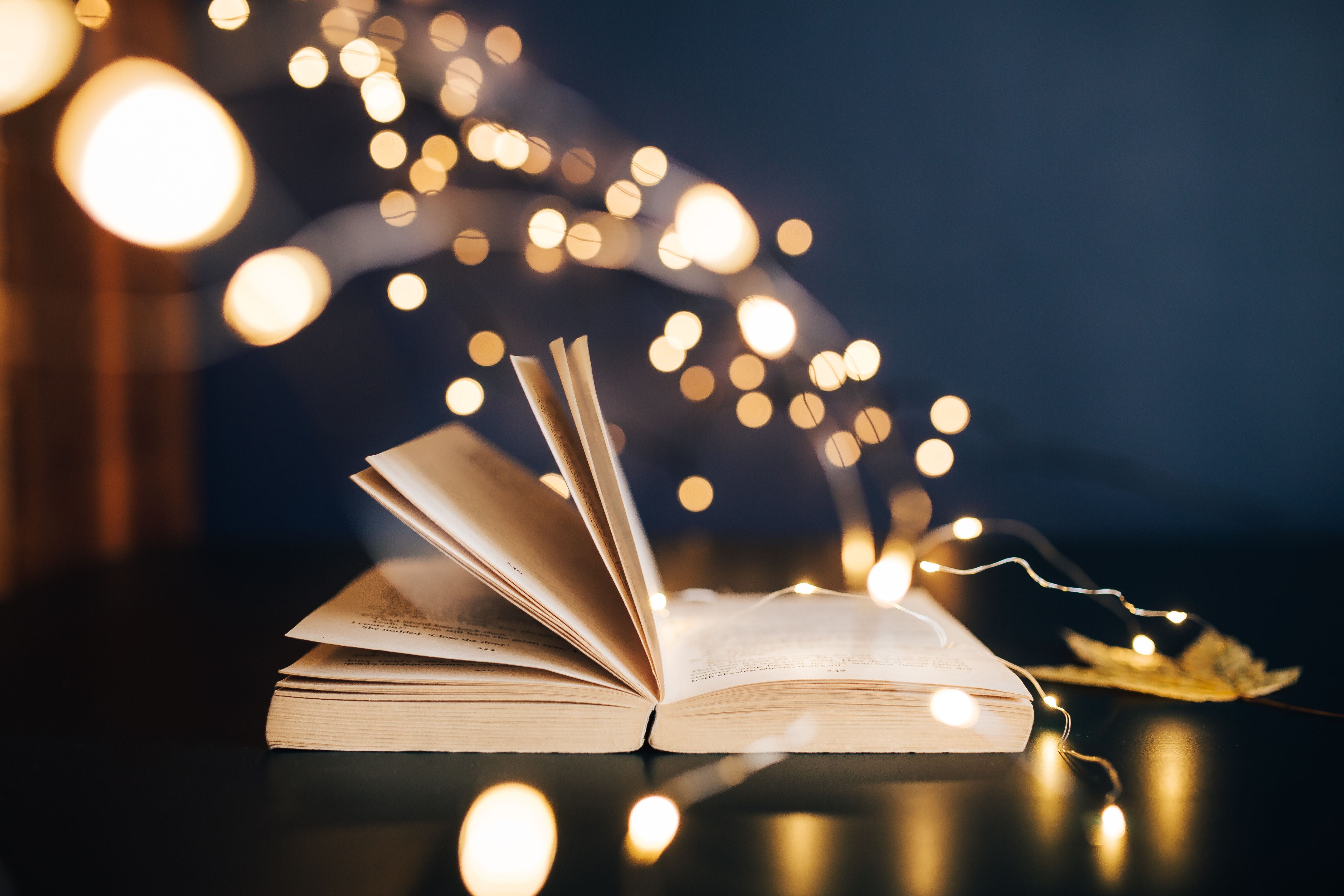 An open book with lights in the background - Fairy lights