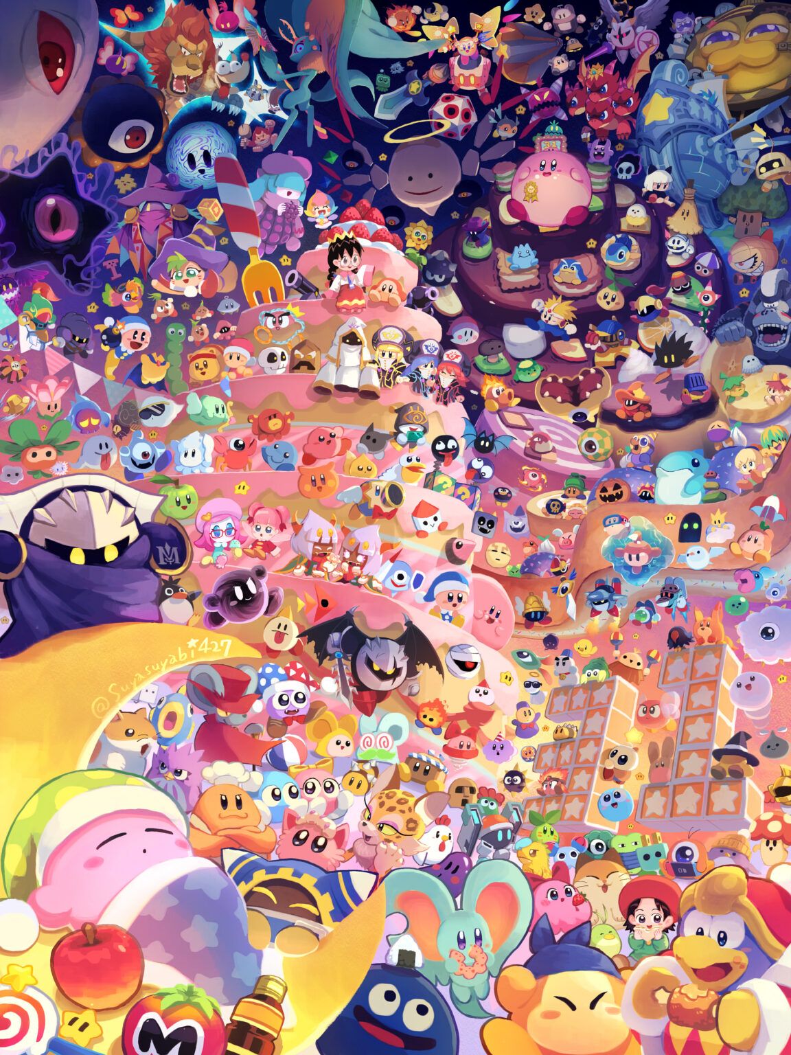 A jumbled mess of characters from the Mario franchise. - Kirby