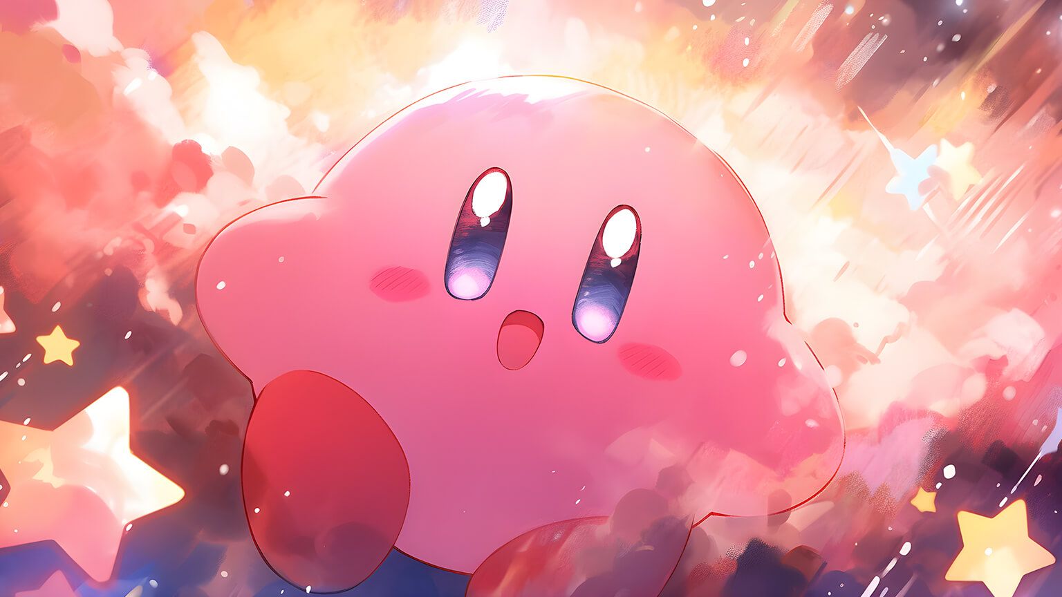 A pink, spherical character with a red nose and white cheeks, smiling as he floats in a pink and purple sky - Kirby