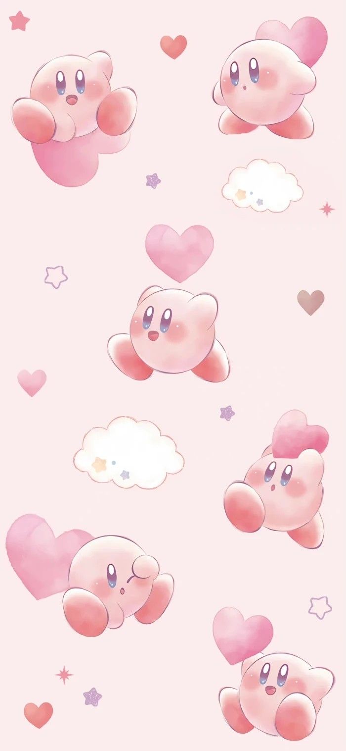 Kirby images, pink background, with hearts and clouds, cute backgrounds for girls - Kirby