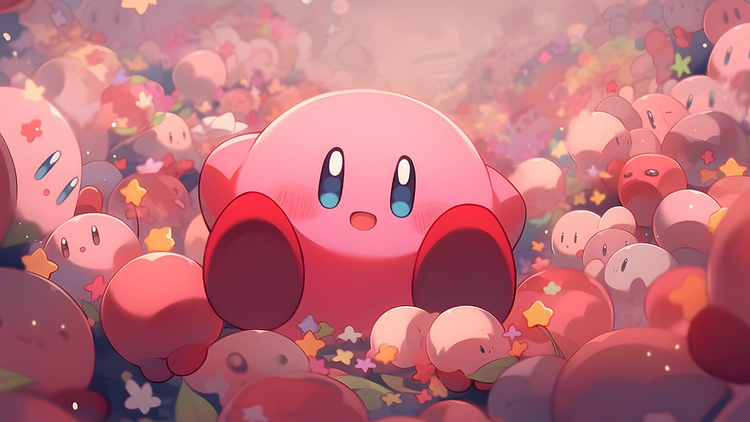 A pink, round character with big eyes and a smile stands in the center of the image, surrounded by a sea of smaller, round characters of various colors. - Kirby