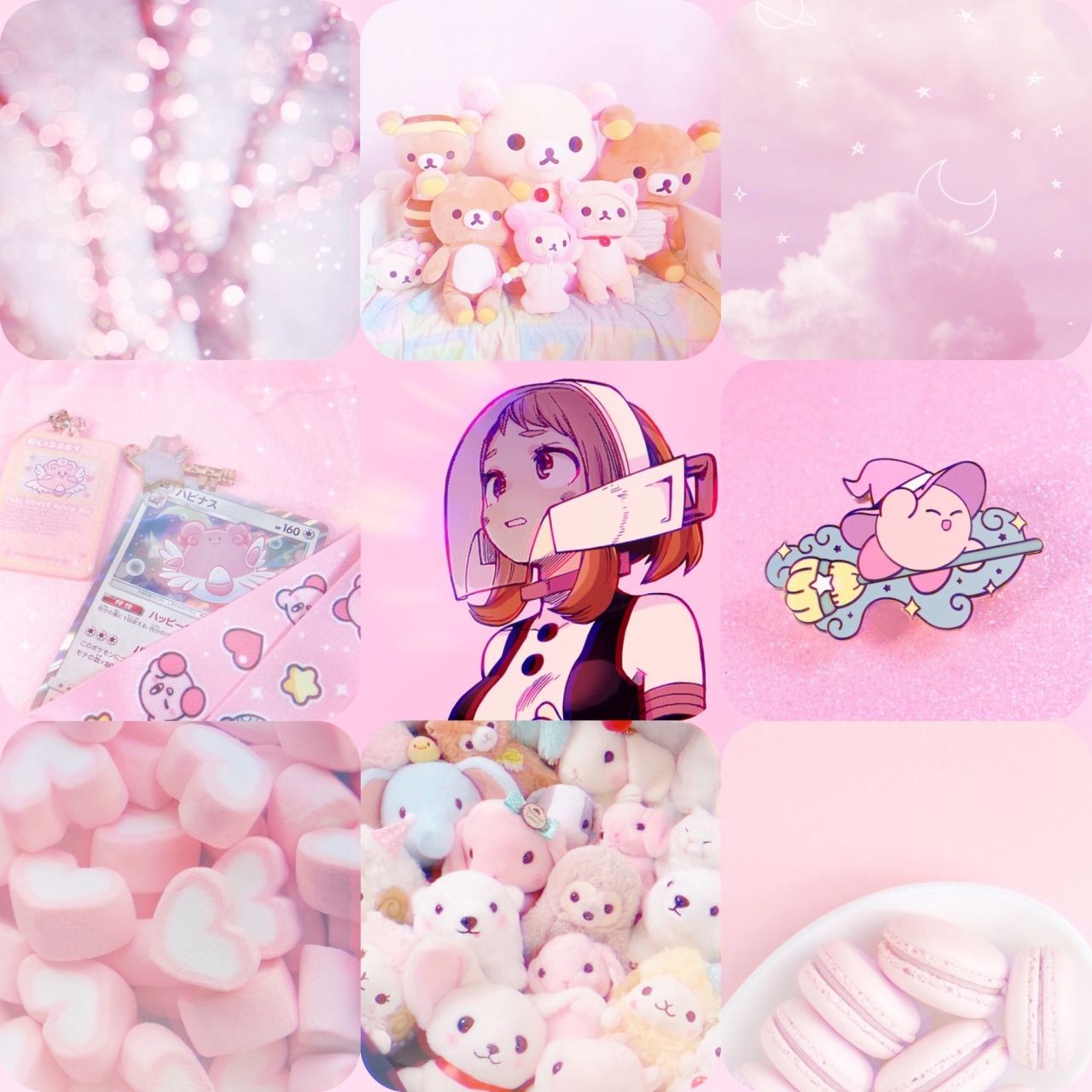 Aesthetic wallpaper pink background girl with pink hair and pink background with cute illustrations of bears, macarons, and a girl with pink hair - Kirby