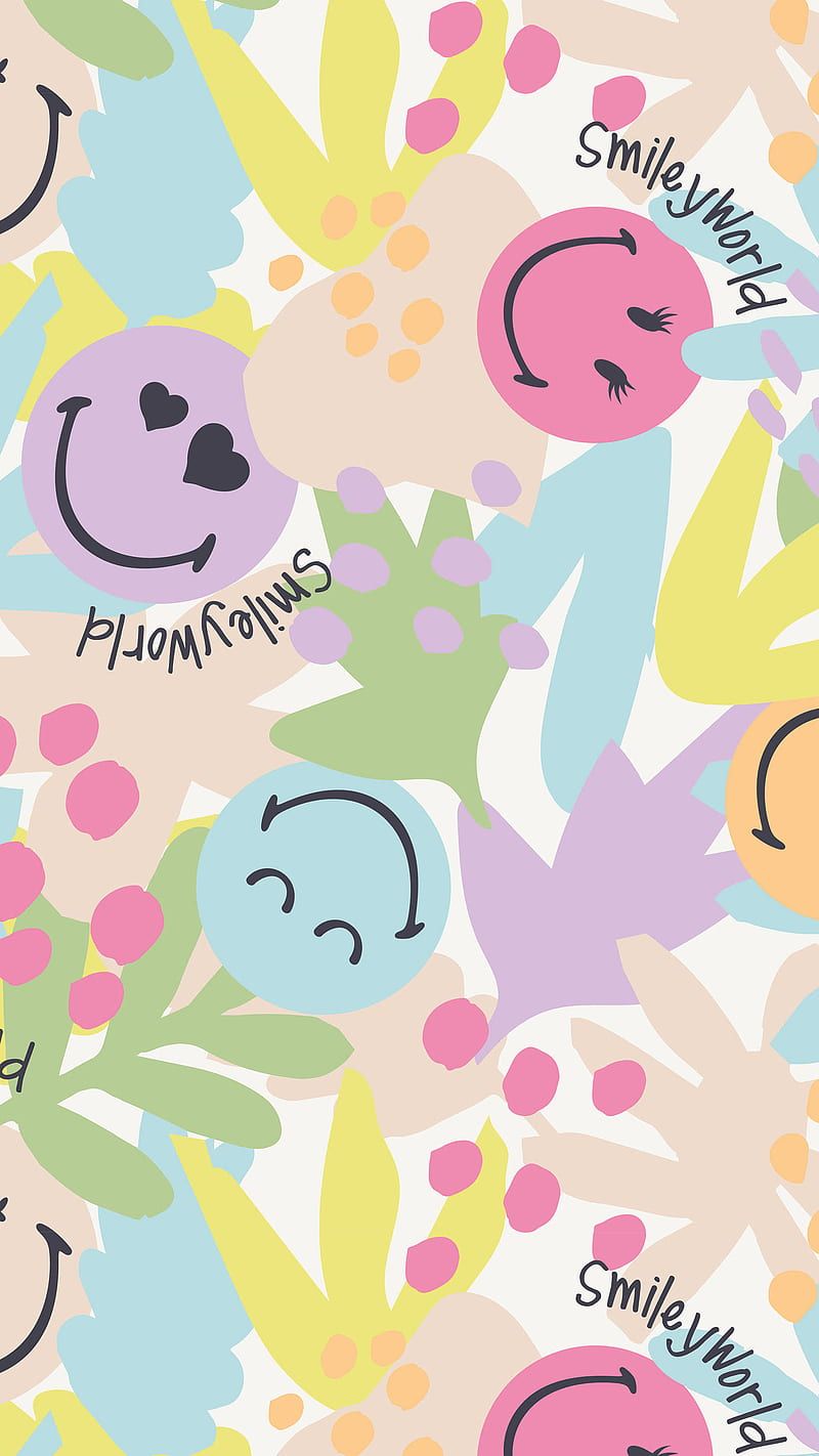 A colorful pattern of smiley faces with the words 