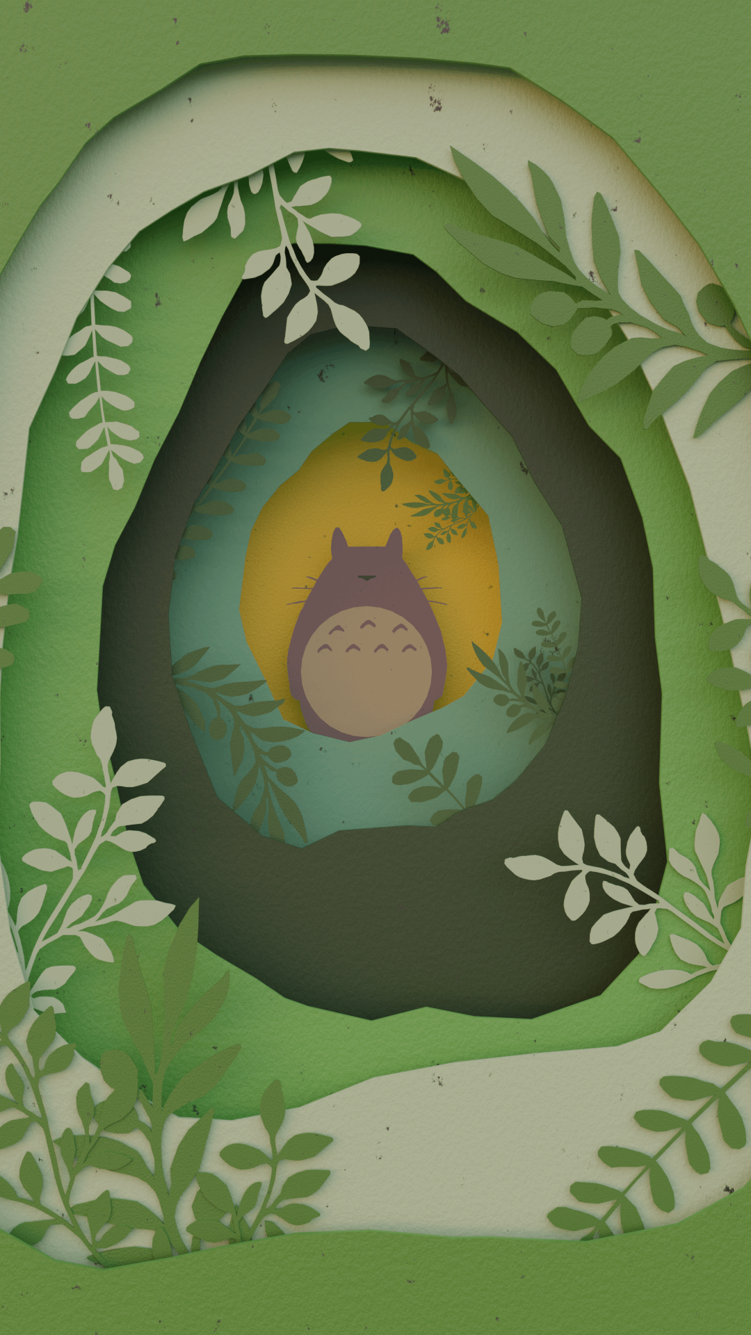 Paper cut art of a green forest with a sleeping Totoro in the center - My Neighbor Totoro