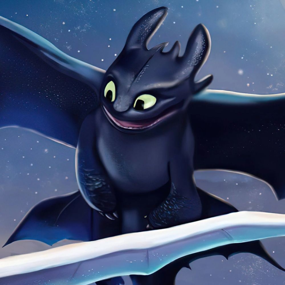 A toothless dragon with glowing eyes and a big smile. - How to Train Your Dragon