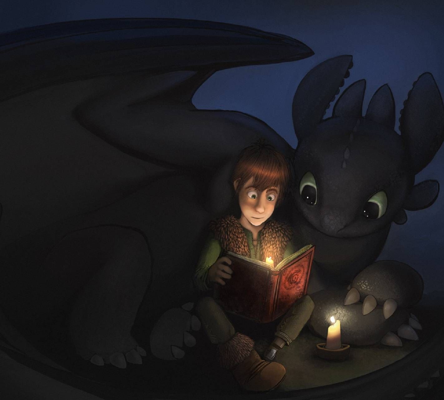 A young boy reading a book to his dragon friend. - How to Train Your Dragon
