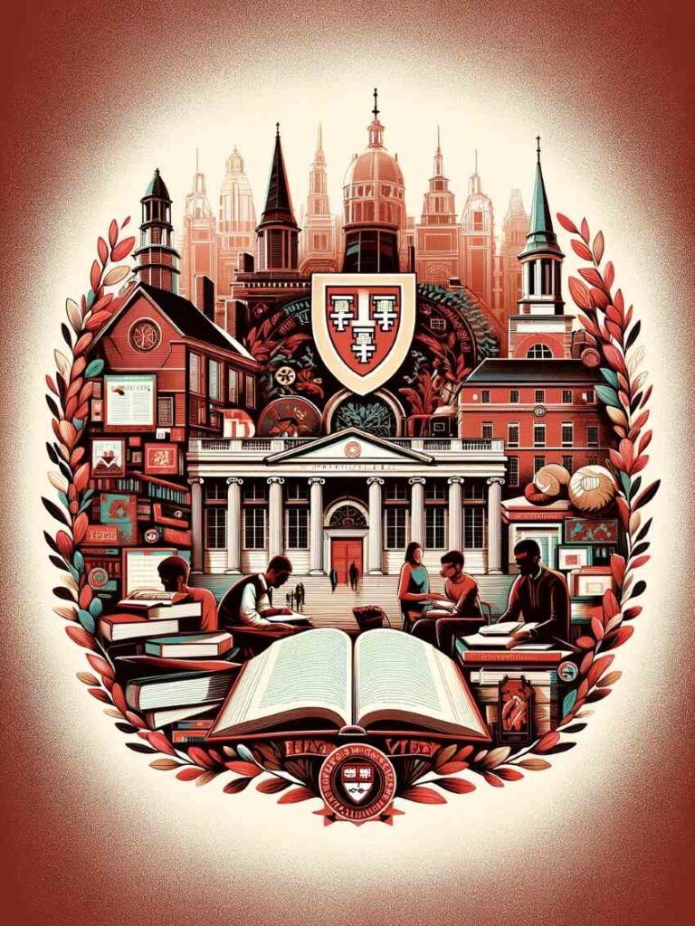 A graphic of a university building with students and books surrounding it - Harvard