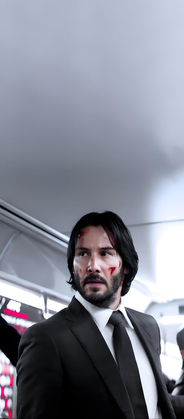 Keanu Reeves as John Wick in a black suit and tie with blood on his face - John Wick