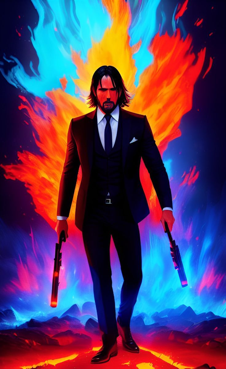 John Wick standing in front of a fiery background - John Wick