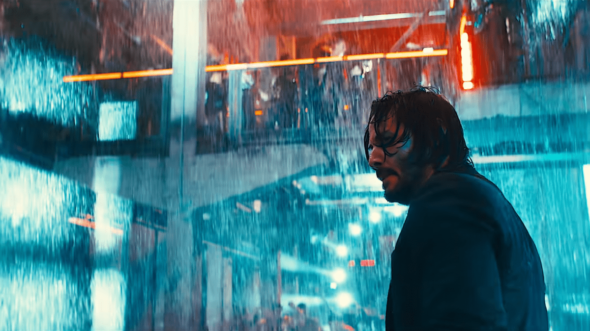 John Wick in the rain with neon lights - John Wick