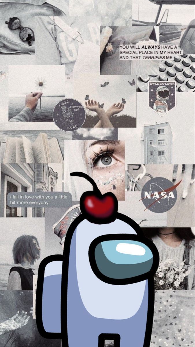 A collage of images including an astronaut, cherry, and NASA. - Among Us