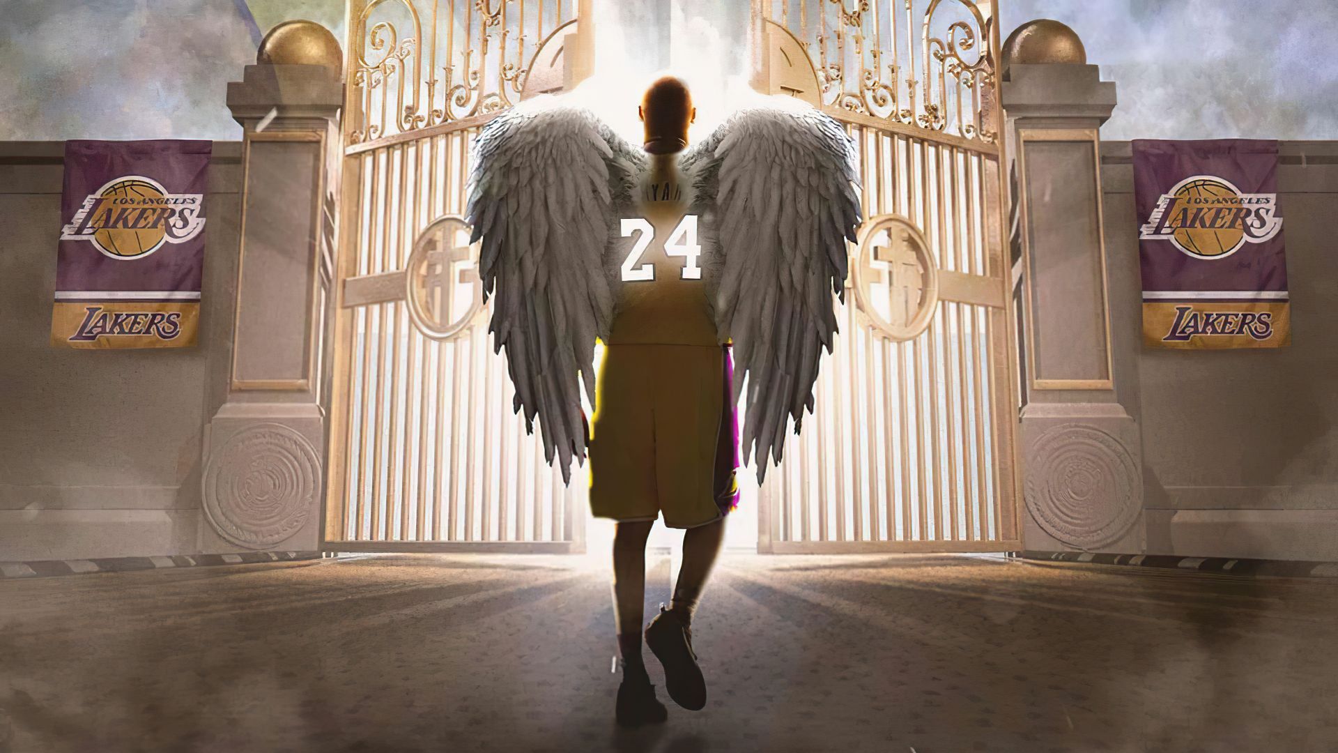 Kobe Bryant in his Lakers jersey with angel wings standing in front of the gates to heaven - Los Angeles Lakers