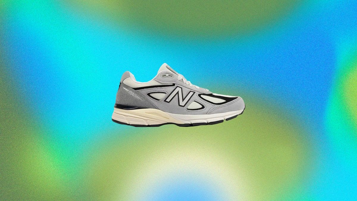 A pair of New Balance sneakers on a green and blue background - New Balance