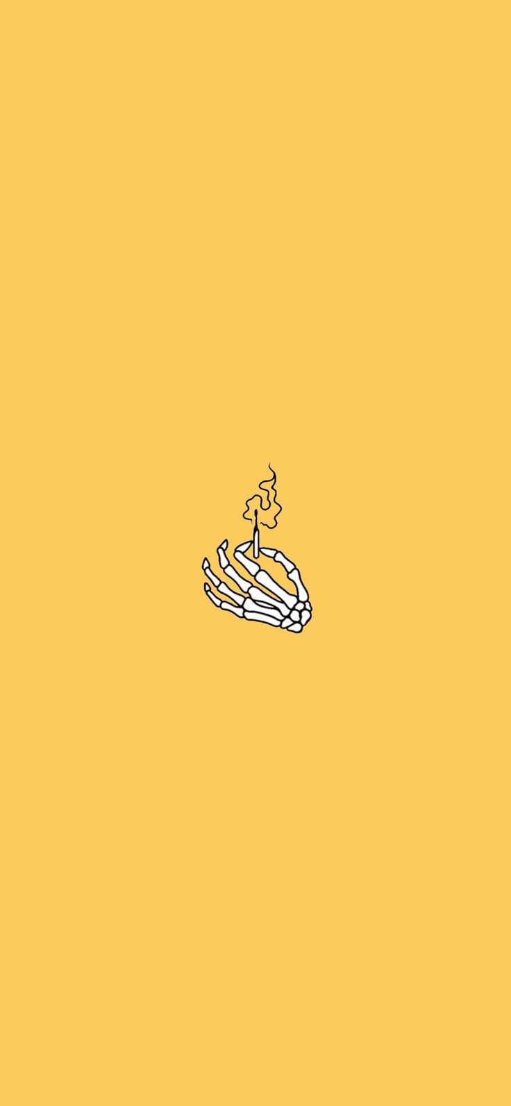 Aesthetic wallpaper of a skeleton hand holding a lit match on a yellow background - Light yellow