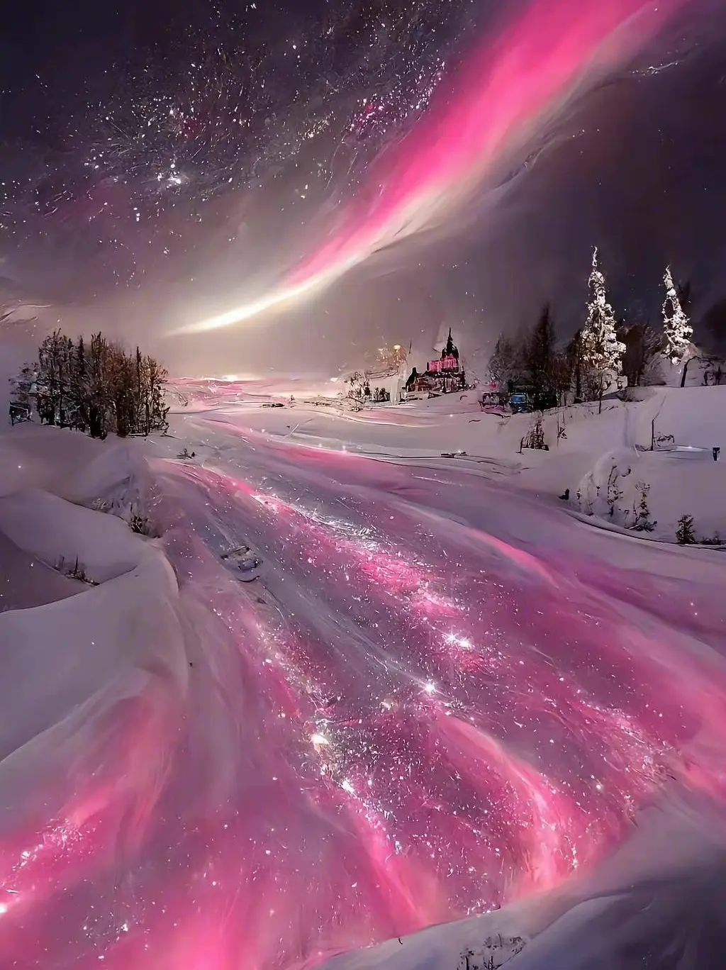 A stunning pink and white Northern Lights dance above a snowy landscape. - Winter