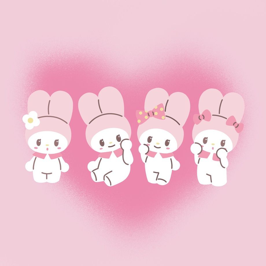 Four white bunny characters with pink ears and tails, pink flowers in their hair and pink dresses. - My Melody