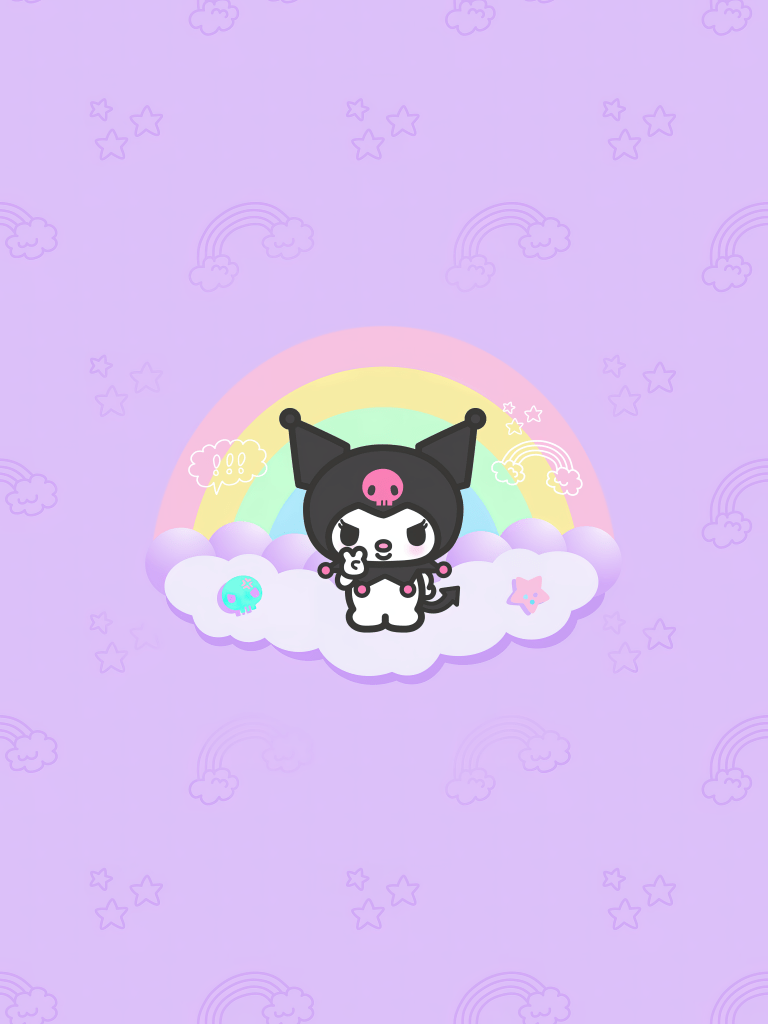 Kuromi sitting on a cloud with a rainbow behind her - My Melody