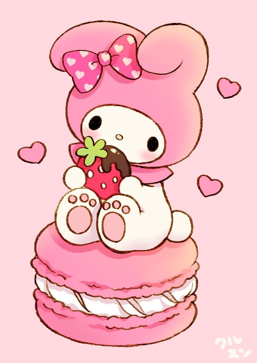 My Melody with a strawberry on a pink background - My Melody